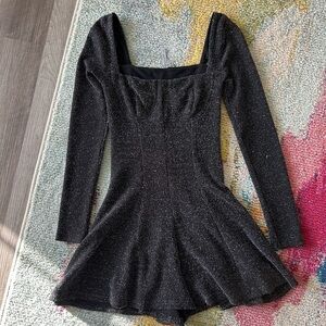 Black & Silver Tinsel Long Sleeve Romper Dress